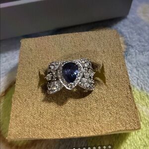 JTV Silver Ring with Blue Teardrop Center and Clear Accents